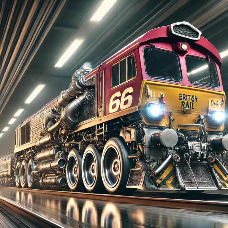 British Rail Class 66: With over 450 built, the Class 66 is a common sight on UK rails. But this one? Not so much. Twin turbochargers, an aerodynamic body kit, and flame-spitting exhausts mean it gets from signal to signal before the dispatcher even notices. Photographer unknown. #Class66 #britishrail #trainspotting #railwayphotography #hotrod #trains